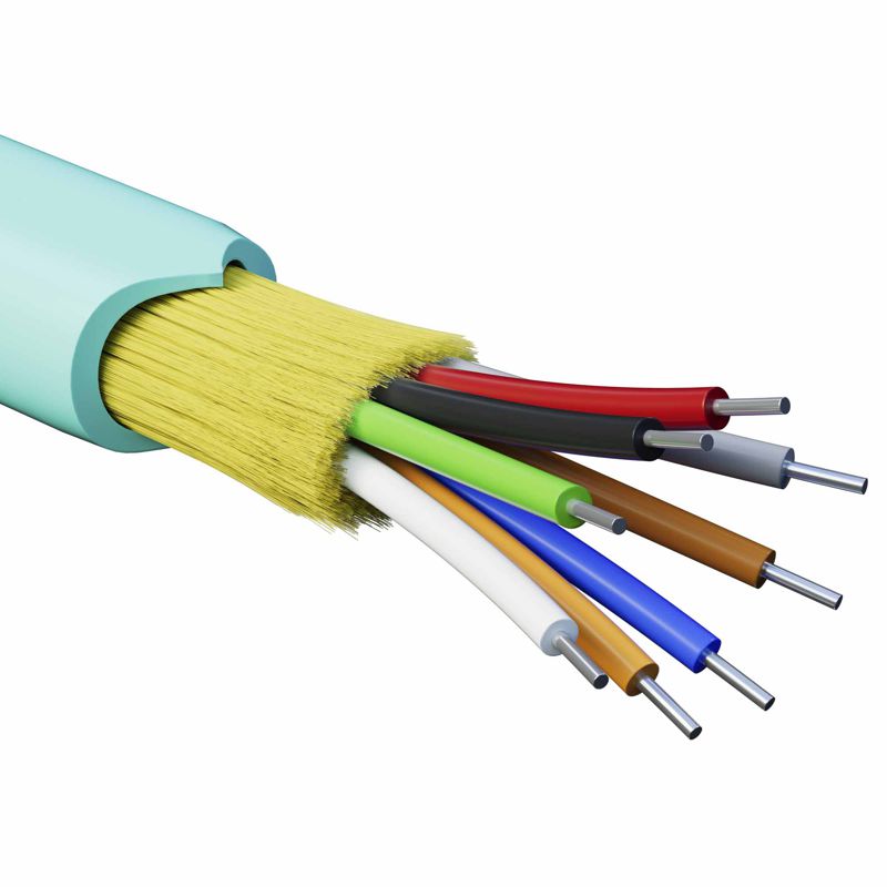 Кабель волоконно-оптический распределительный арамидные упрочняющие нити для внутренней прокладки нг(A)-HFLTx 8 ОВ категорияOM3 (G.651.1) плотный буфер 0.4кН барабан 500м DKC RNDT3C8AQ03-E