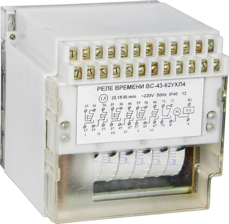 Реле времени ВС-43-6-4 УХЛ4 110В 50Гц 0.15-9ч 6-цепн. с независим. регулировкой выдержки времени для каждой цепи задержка на вкл. ток контактов исполнит. реле 4А 6перекл. с выдержкой времени + 1перекл. мгновенного действия A8011-76914596