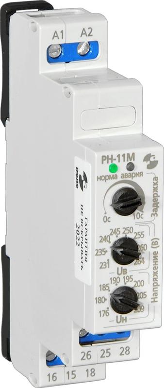 Реле контроля напряжения РН-11М 24В 50Гц контроль однофазной сети по верхнему и нижнему порогам срабатывание с выдержкой времени 0.1-10с ток контактов исполн. реле 8А 2п УХЛ4 Реле и Автоматика A8223-80108806