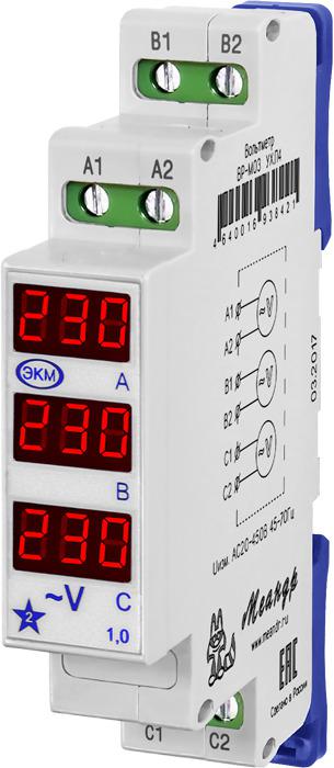Вольтметр цифровой ВР-М03 AC50-450В УХЛ2 (спец.) на DIN-рейку измерение напряжения трехфазной сети Меандр A8302-19912158