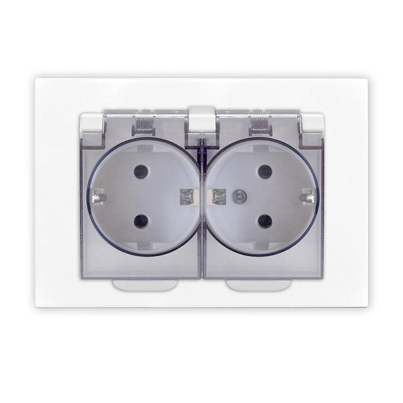 Розетка 2-м СП Афина 16А IP20 с заземл. c прозр. крышкой в сборе бел. Universal A0031