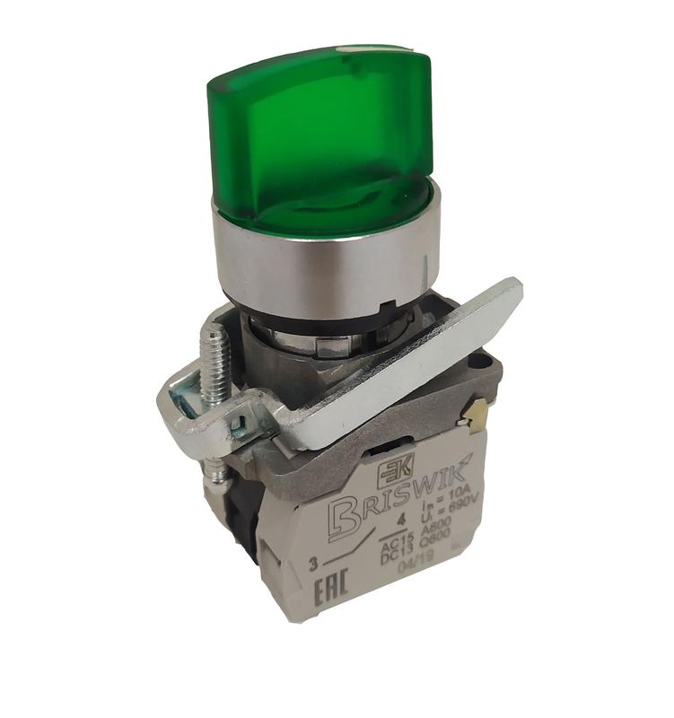 Переключатель КПЕ-4120-РЛС УХЛ3 2НО+НЗ 10А IP40 220В рукоятка на 3 положения с самовозвратом с индикацией основание метал. d посадочного отверст. 22мм зел. ЭЛЬКОМ A8012-34129641