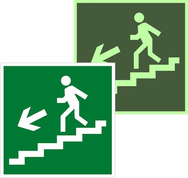 Знак эвакуационный E 14 "Направление к эвакуационному выходу по лестнице вниз налево" 200х200мм пластик самоклеящаяся с фотолюминесцентным покрытием EKF pn-e-14-f