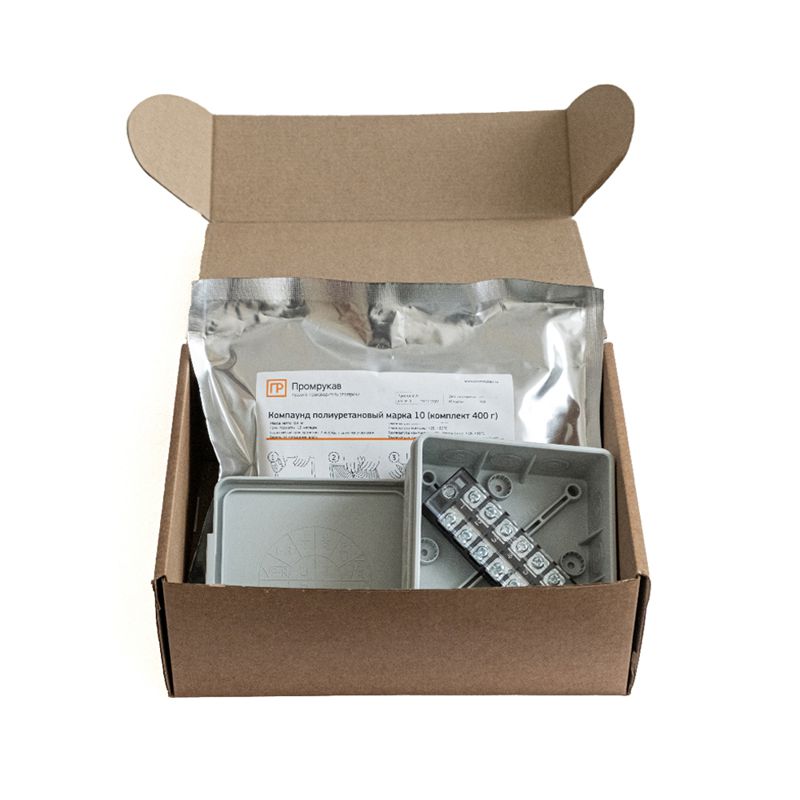 Коробка распределительная 100х100х40 двухкомп. (HF) в компл. с компаундом и с 6-кл. зажимами 2.5мм сер. Промрукав PR80.0176