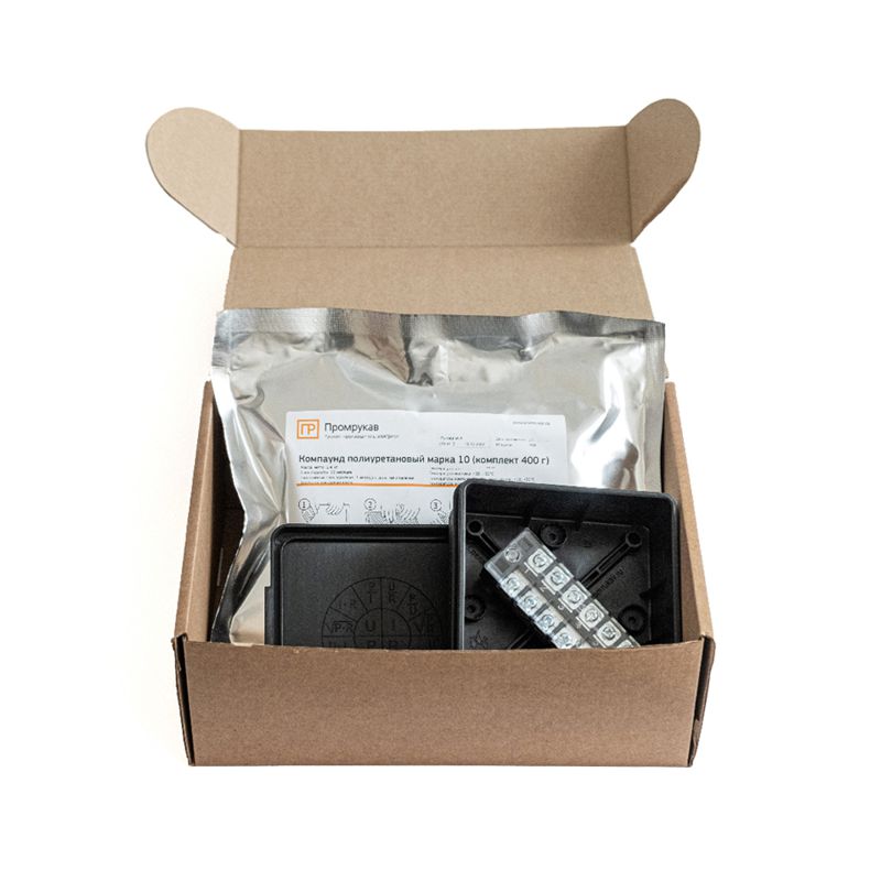 Коробка распределительная 100х100х40 (HF) двухкомпонентн. в комплекте с компаундом и с 6-кл. зажимами черн. Промрукав PR80.0177