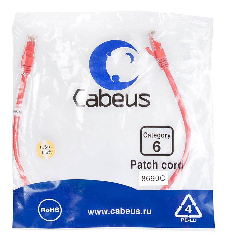 Патч-корд U/UTP кат.6 PC-UTP-RJ45-Cat.6-0.5m-RD 2xRJ45/8p8c неэкранир. PVC 0.5м красн. Cabeus 8690c