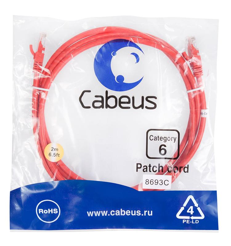 Патч-корд U/UTP кат.6 PC-UTP-RJ45-Cat.6-2m-RD 2xRJ45/8p8c неэкранир. PVC 2м красн. Cabeus 8693c