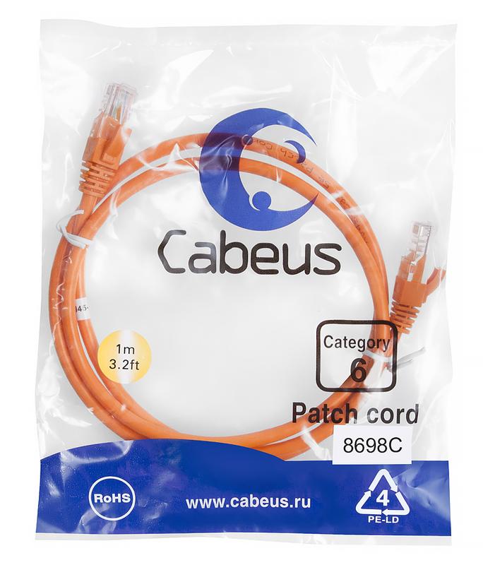 Патч-корд U/UTP кат.6 PC-UTP-RJ45-Cat.6-1m-OR 2xRJ45/8p8c неэкранир. PVC 1м оранж. Cabeus 8698c