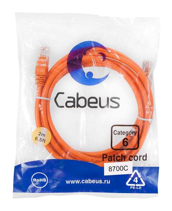 Патч-корд U/UTP кат.6 PC-UTP-RJ45-Cat.6-2m-OR 2xRJ45/8p8c неэкранир. PVC 2м оранж. Cabeus 8700c