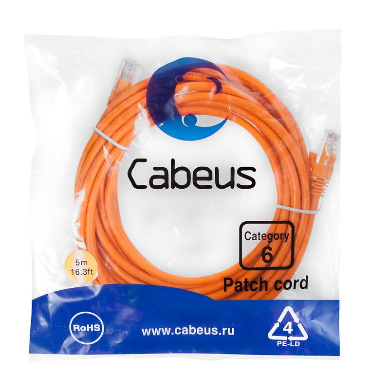 Патч-корд U/UTP кат.6 PC-UTP-RJ45-Cat.6-5m-OR 2xRJ45/8p8c неэкранир. PVC 5м оранж. Cabeus 8702c