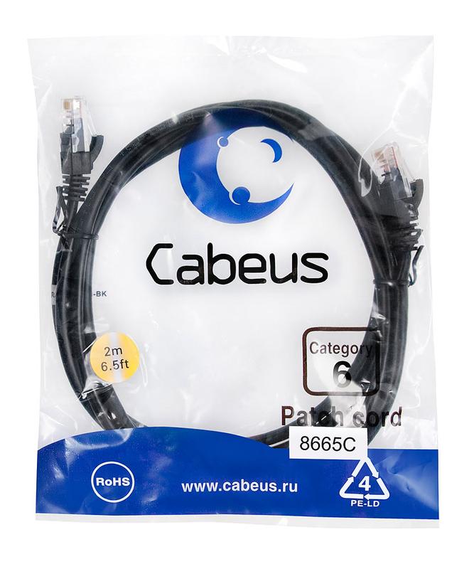 Патч-корд U/UTP кат.6 PC-UTP-RJ45-Cat.6-2m-BK 2xRJ45/8p8c неэкранир. PVC 2м черн. Cabeus 8665c