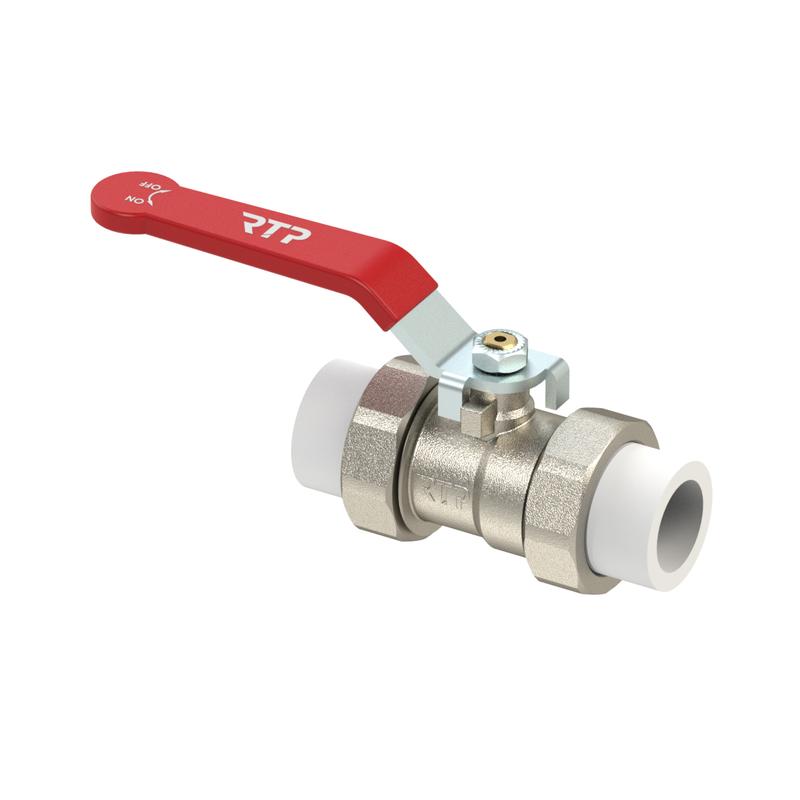 Кран шаровой ручка рычаг латунь с двумя переходами на трубу PPR 40 никель RTP 34666