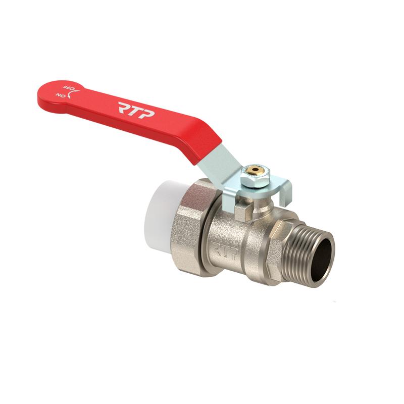 Кран шаровой ручка рычаг латунь с переходом на трубу PPR/наружн. резьба 20х1/2дюйм никель RTP 34675