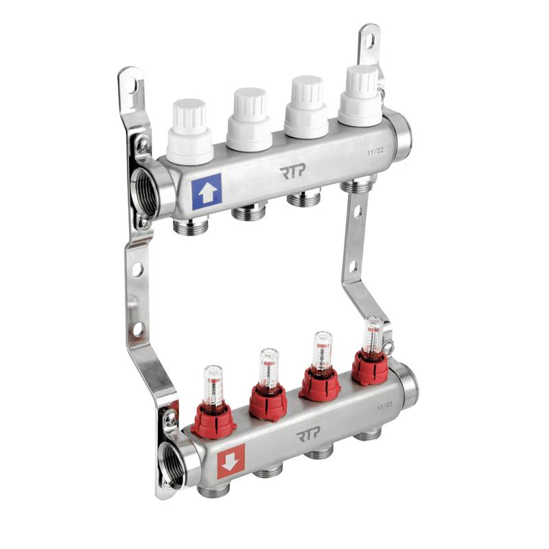 Группа коллекторная 1дюйм х 8 вых. евроконус 3/4дюйм с расходометром и кронштейном нерж. сталь SUS 304 RTP 39425