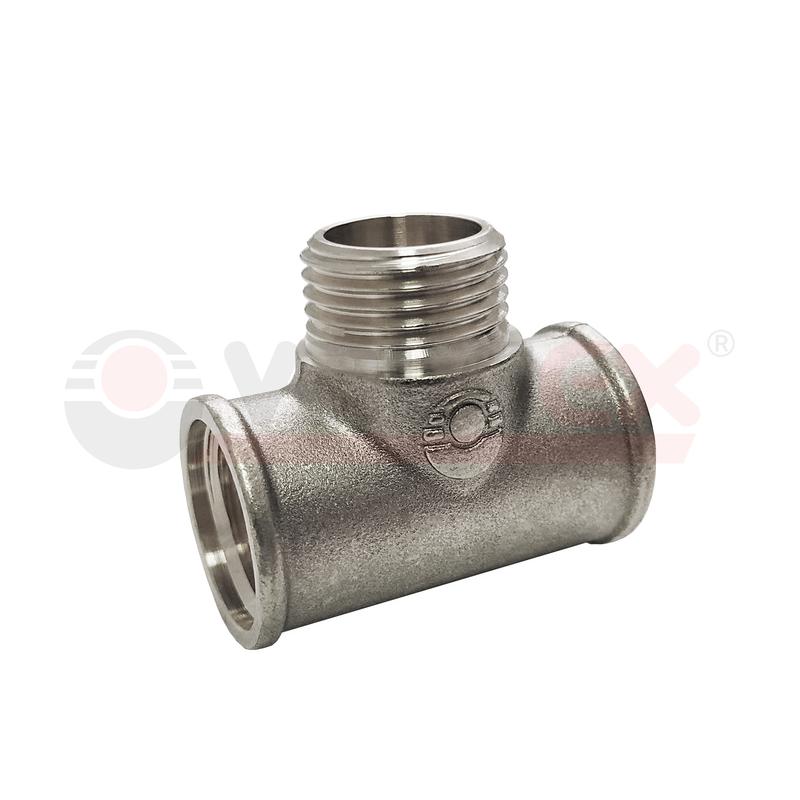 Тройник никелированный с переходом на наружнюю резьбу ВР-НР-ВР 1/2дюйм (100/10) VALFEX VF.132.N.012