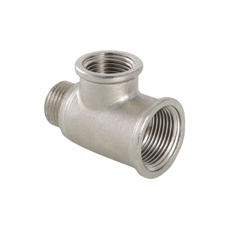 Тройник никелированный с переходом на наружную резьбу ВР3/4дюйм-ВР3/4дюйм-НР1/2дюйм (60/10) VALFEX VF.134.N.034.034.012