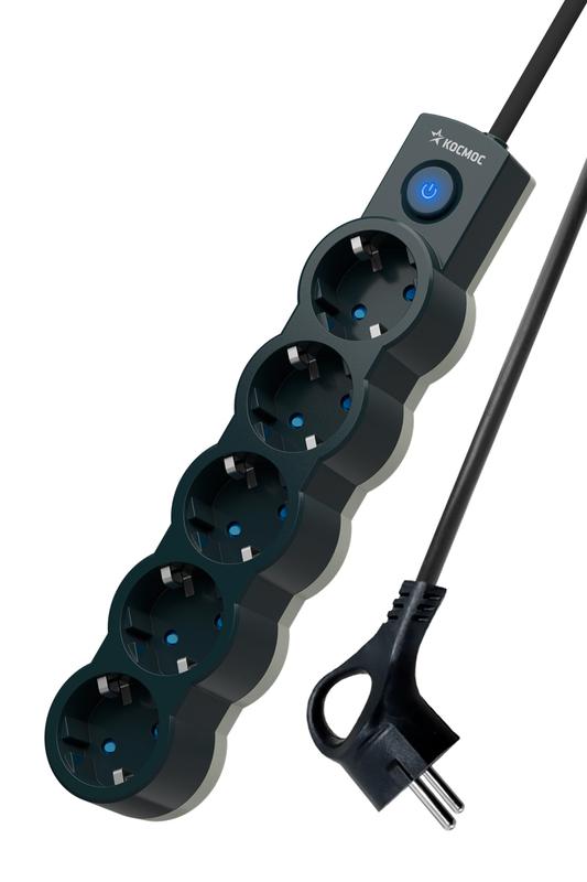 Удлинитель 5х5м с заземл. 10А IP20 2200Вт 220В защ. шторки ПВС 3х1 с выкл. черн. КОСМОС YKsm5m-5g-Z-V10A-B