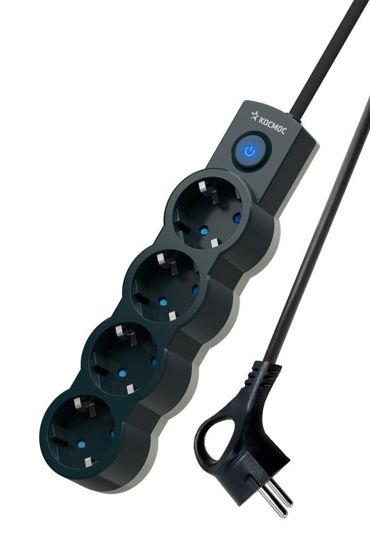 Удлинитель 4х1.5м с заземл. 10А IP20 2200Вт 220В защ. шторки ПВС 3х1 с выкл. черн. КОСМОС YKsm1.5m-4g-Z-V10A-B