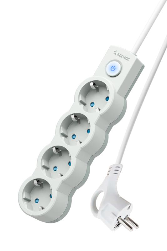 Удлинитель 4х5м с заземл. 10А IP20 2200Вт 220В защ. шторки ПВС 3х1 с выкл. бел. КОСМОС YKsm5m-4g-Z-V10A-W