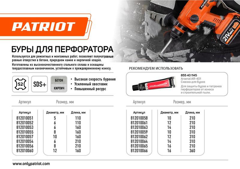 Бур SDS Plus S2 16х210 PATRIOT 812010065