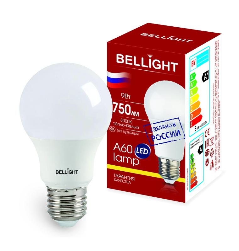 Лампа светодиодная LED A60 220В 9Вт E27 750лм 3000К BELLIGHT 88297787