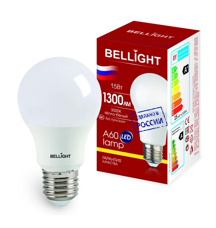 Лампа светодиодная LED A60 220В 15Вт E27 1300лм 3000К BELLIGHT 85339513