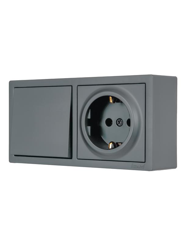 Блок ОП LETO (1-кл. выключатель + 1-м розетка с заземл.) горизонт. графит LEZARD 752-3400-170BAP