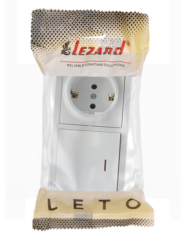 Блок ОП LETO (1-кл. выключатель с индикацией + 1-м розетка с заземл.) горизонт. бел. LEZARD 752-0200-170BIP