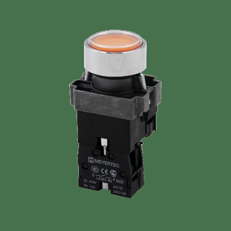 Кнопка плоская с подсветкой 220В AC/DC 1NO IP67 металл MTB2-BWF3561 желт. ОВЕН 132654