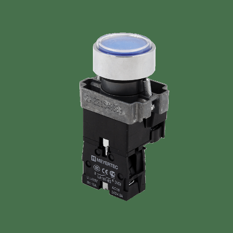 Кнопка плоская с подсветкой 220В AC/DC 1NO IP67 металл MTB2-BWF3661 син. ОВЕН 132655