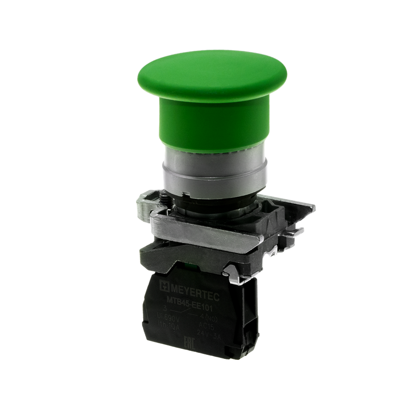 Кнопка грибовидная 40мм пружиный возврат 1NO IP65 металл MTB4-BC31 зел. ОВЕН 137136