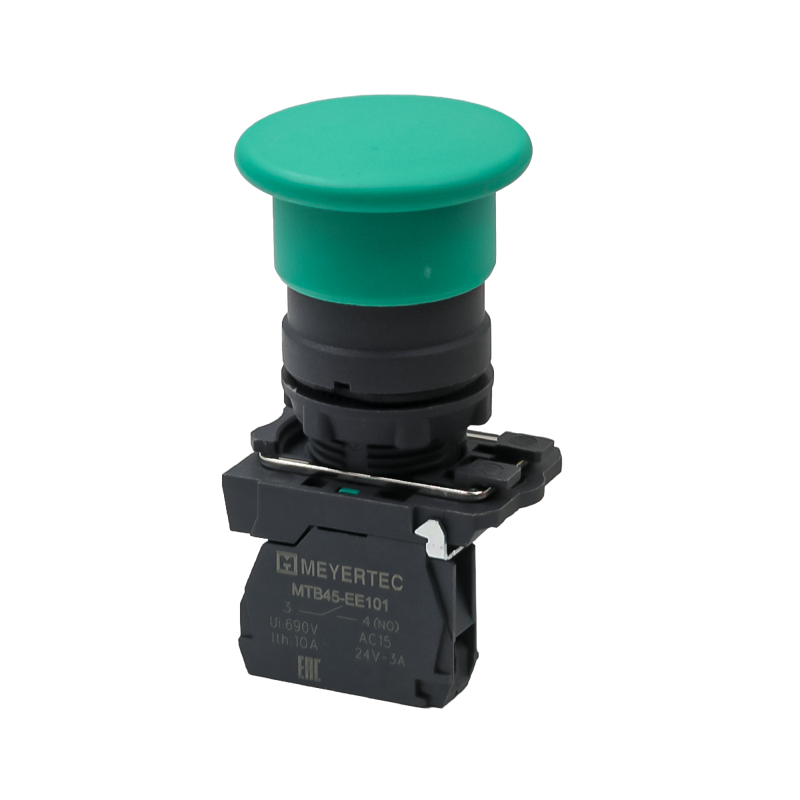 Кнопка грибовидная 40мм пружиный возврат 1NO IP65 пластик MTB5-AC31 зел. ОВЕН 137245