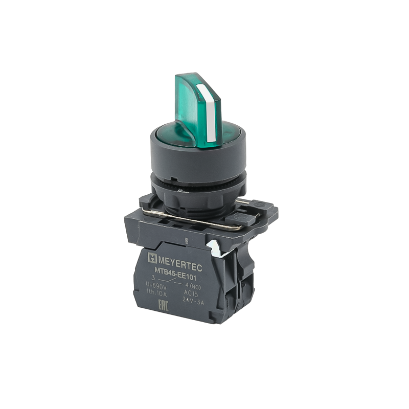 Переключатель на 2 положения с фиксацией и подсветкой 1NO 220В AC/DC IP65 пластик MTB5-AK23713 зел. ОВЕН 137279