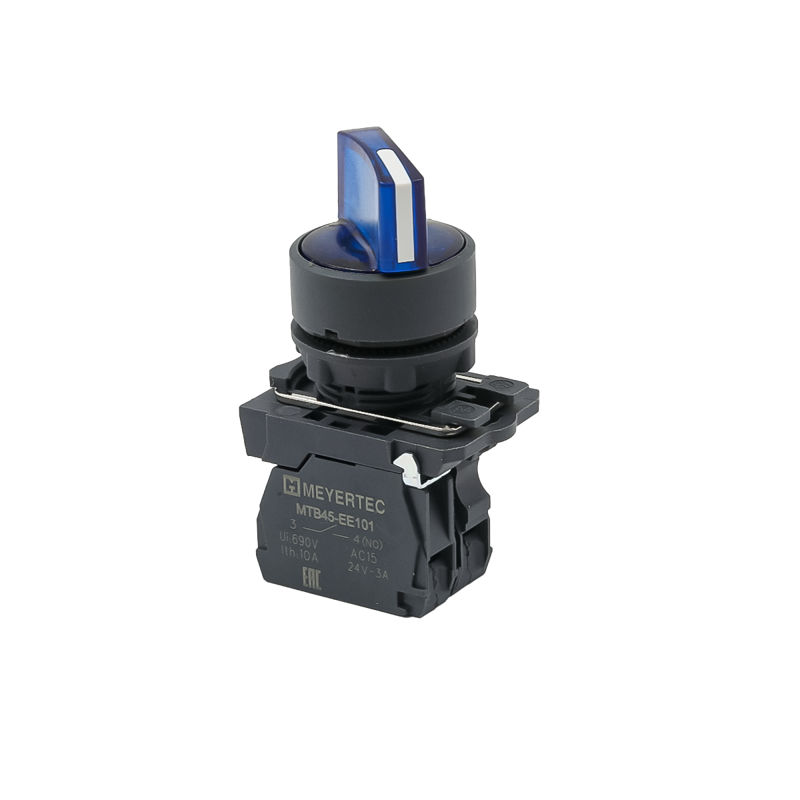 Переключатель на 3 положения с фиксацией и подсветкой 1NO 24В AC/DC IP65 пластик MTB5-AK36711 син. ОВЕН 137297