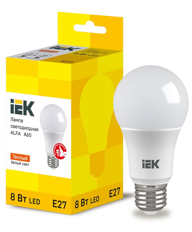Лампа светодиодная Alfa 8Вт A60 грушевидная 3000К E27 230В (6шт) IEK LLA-A60-8-230-30-E27-6
