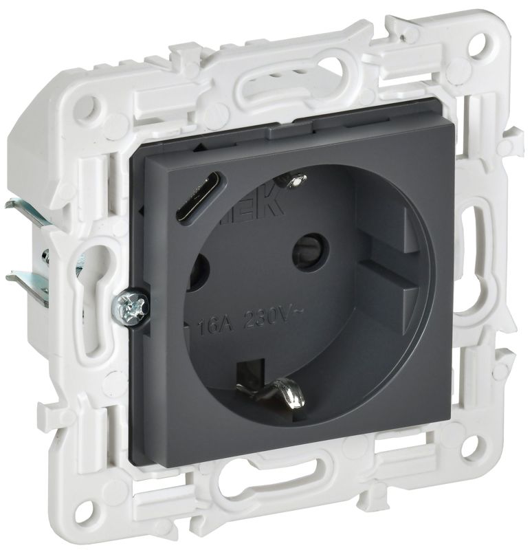 Розетка SKANDY 18Вт 16А с заземл. защ. шторки с USB C SK-R17T титан IEK SK-R14-16-U14-018-K48