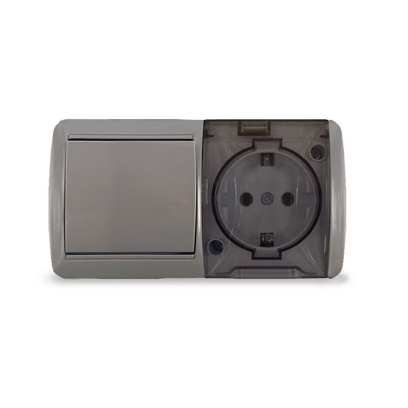 Блок ОП Клио 1-кл. выкл. 10А + розетка 1-м 16А 250В с заземл. с прозр. крышкой сер. Universal К2237-Gr
