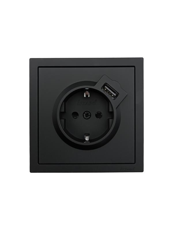 Розетка 1-мест. с/з+USB разъем СП ZIMA IP20 черн. бархат LEZARD 704-4288-181