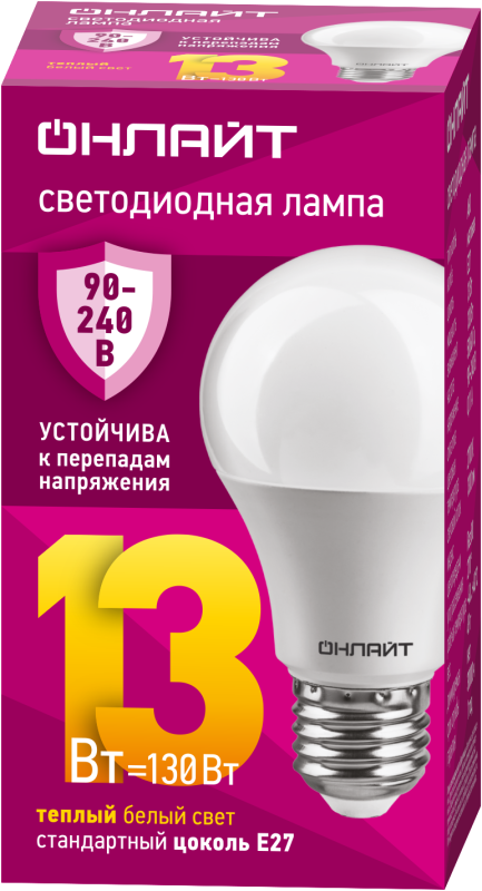 Лампа светодиодная 90 532 OLL-A60-13-230-2.7К-E27 13Вт грушевидная 2700К E27 90-240В PRO ОНЛАЙТ 90532