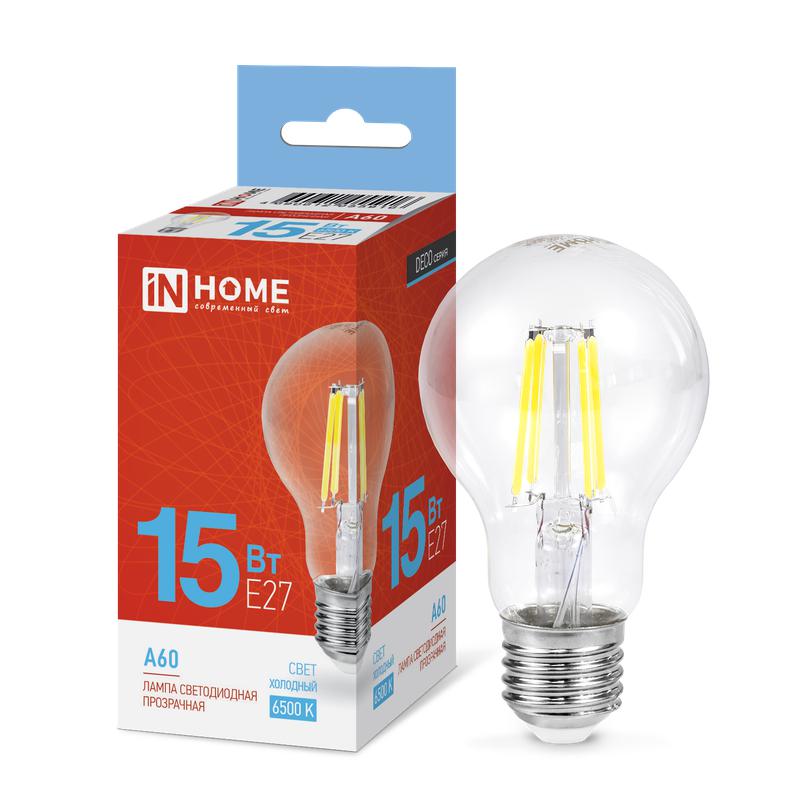 Лампа светодиодная филаментная LED-A60-deco грушевидная прозрачная 15Вт 230В E27 6500К 1480лм IN HOME 4690612055916