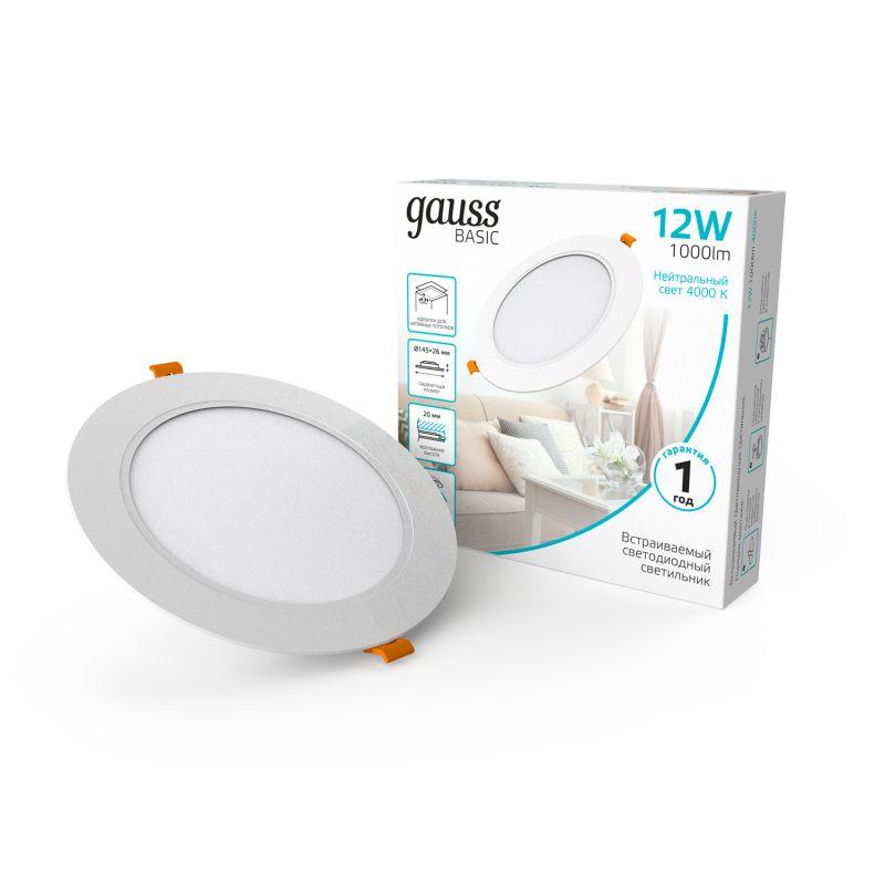 Светильник светодиодный Basic Downlight 12Вт 4000К IP20 1000m 170-260В 145х26 круг бел. GAUSS 9030420212