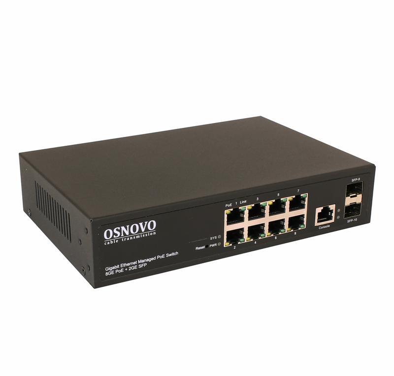 Коммутатор управляемый L2 PoE SW-80802/L(150Вт) Gigabit Ethernet на 8 RJ45 PoE + 2хGE SFP порта OSNOVO 13595
