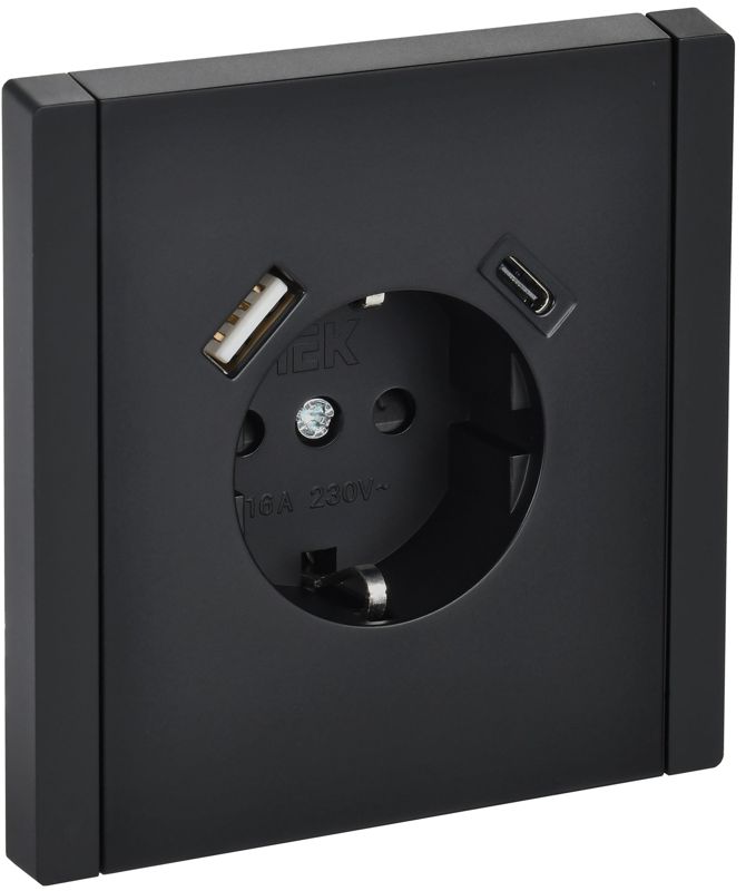 Розетка FORTE&PIANO FP147 16А USB A+C 18Вт с заземл. защ. шторки винт. крепл. черн. IEK FP-R14-16-U22-018-K02