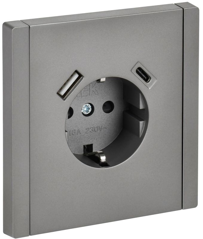 Розетка FORTE&PIANO FP547 16А USB A+C 18Вт с заземл. защ. шторки винт. крепл. сталь IEK FP-R14-16-U22-018-K46