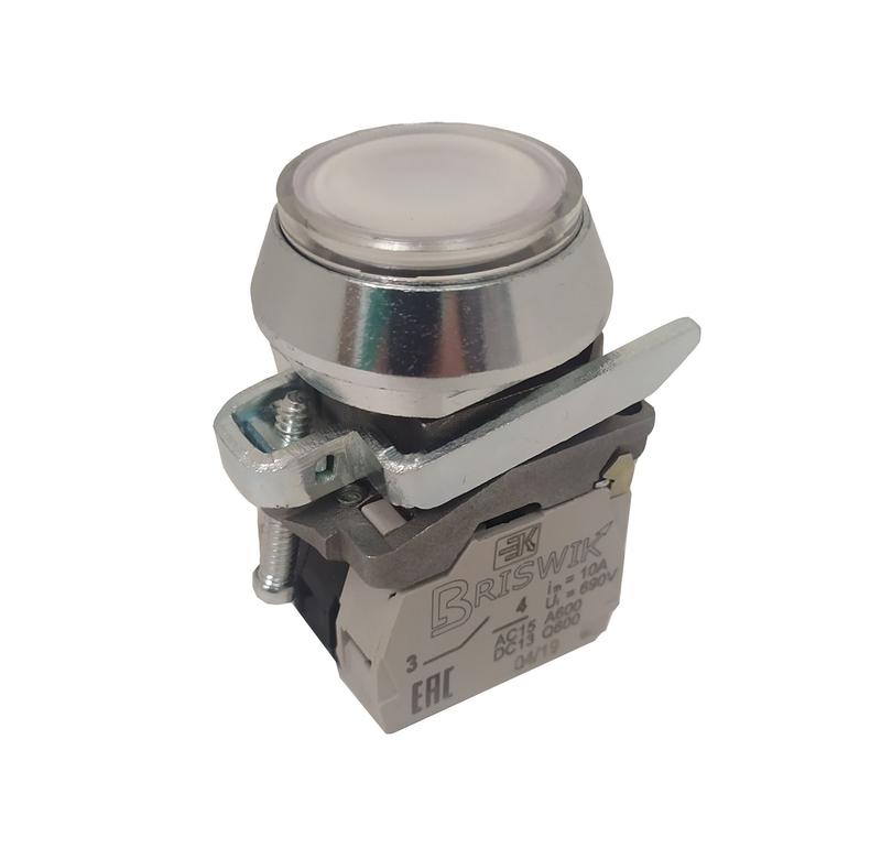 Выключатель кнопочный КЕ-171м-ЛС исп.2 УХЛ2 1НО+1НЗ 10А IP66 24В толкатель цилиндр. с индикацией метал. основание d посадочного отверст. 30мм бел. ЭЛЬКОМ A8012-32100499