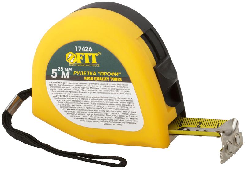 Рулетка Профи 5мх25мм калибр. лента; нейлон. покрытие; магн. крючок; эласт. корпус; двойн. стопор черн/желт. FIT 17426
