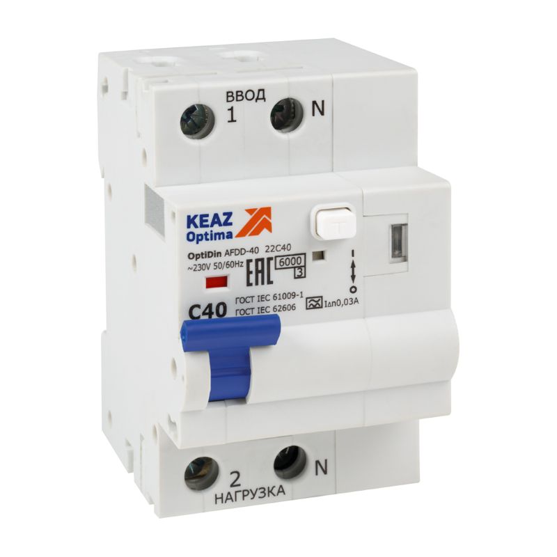 Устройство защиты от дугового пробоя с АВДТ и защ. от пов. напряж. OptiDin AFDD-40-22C40-A-У3 (2P C40 30mA Uоткл 275В) КЭАЗ 339091