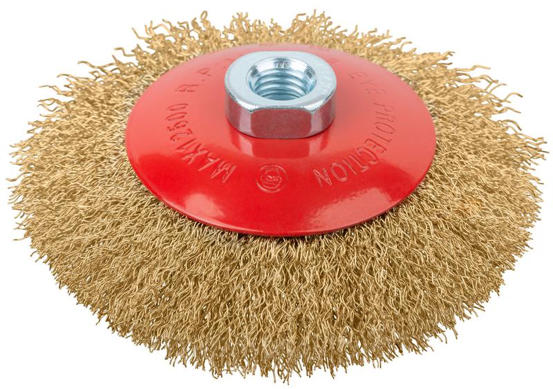 Корщетка-колесо с наклоном гайка М14 стальная латунированная волнистая проволока 125мм FIT 39052