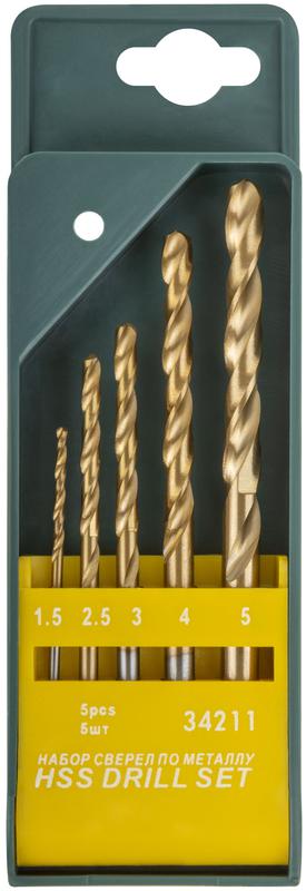 Набор сверл HSS по металлу титановое покрытие 5шт (1.5-2.5-3-4-5мм) FIT 34211