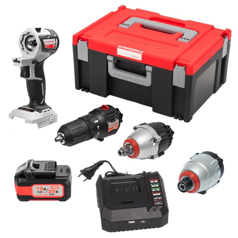 Набор инструментов МультиМАКС "Расширенный Авто" МультиМАКС18: привод ММ-18В модуль ДА-13 модуль ГАУ-300 модуль ШАУ-180 1 АКБ АПИ 18В/36В 4.0А.ч на 18В и 2.0А.ч на 36В ЗУ-4.0/18 МультиБОКС 150 ИНТЕРСКОЛ 755.4.4.41